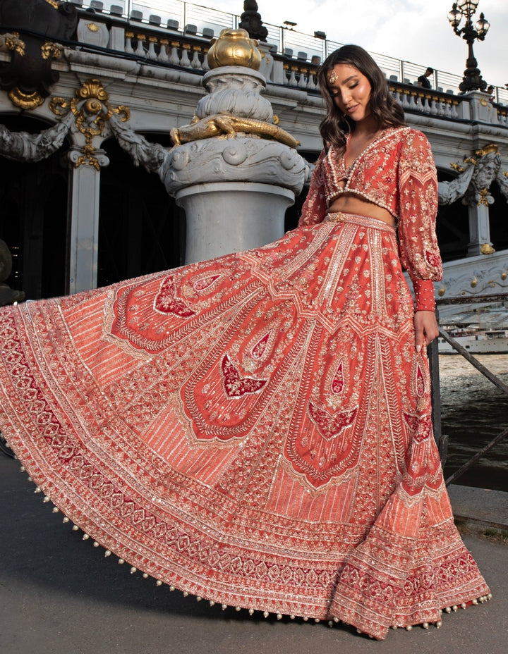 Red Embroidered Bridal Lehenga With Puff Sleeve Blouse Jigar and Nikita - Fabilicious Fashion