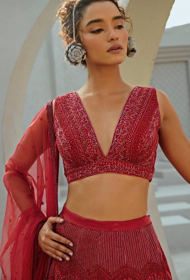Red Embroidered Bridal Organza Lehenga Set Chamee and Palak - Fabilicious Fashion