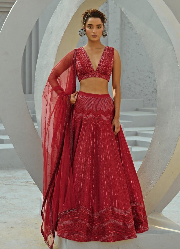 Red Embroidered Bridal Organza Lehenga Set Chamee and Palak - Fabilicious Fashion