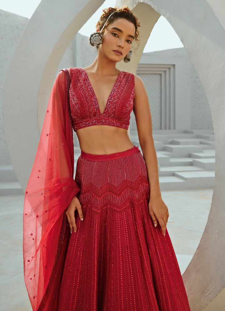 Red Embroidered Bridal Organza Lehenga Set Chamee and Palak - Fabilicious Fashion
