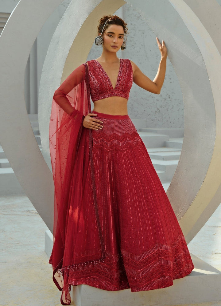 Red Embroidered Bridal Organza Lehenga Set Chamee and Palak - Fabilicious Fashion
