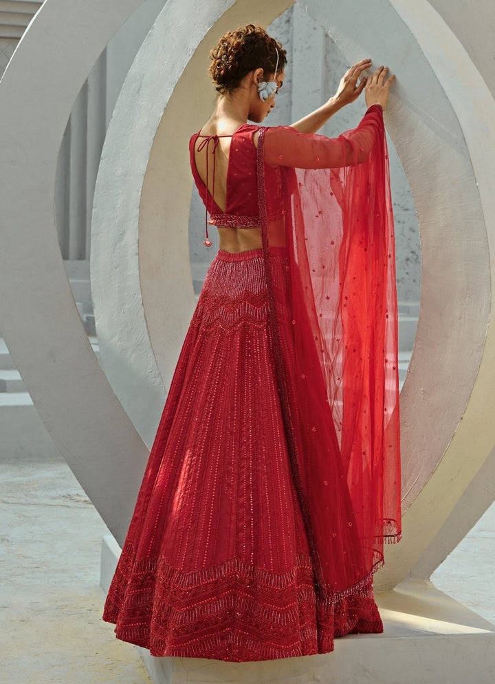 Red Embroidered Bridal Organza Lehenga Set Chamee and Palak - Fabilicious Fashion
