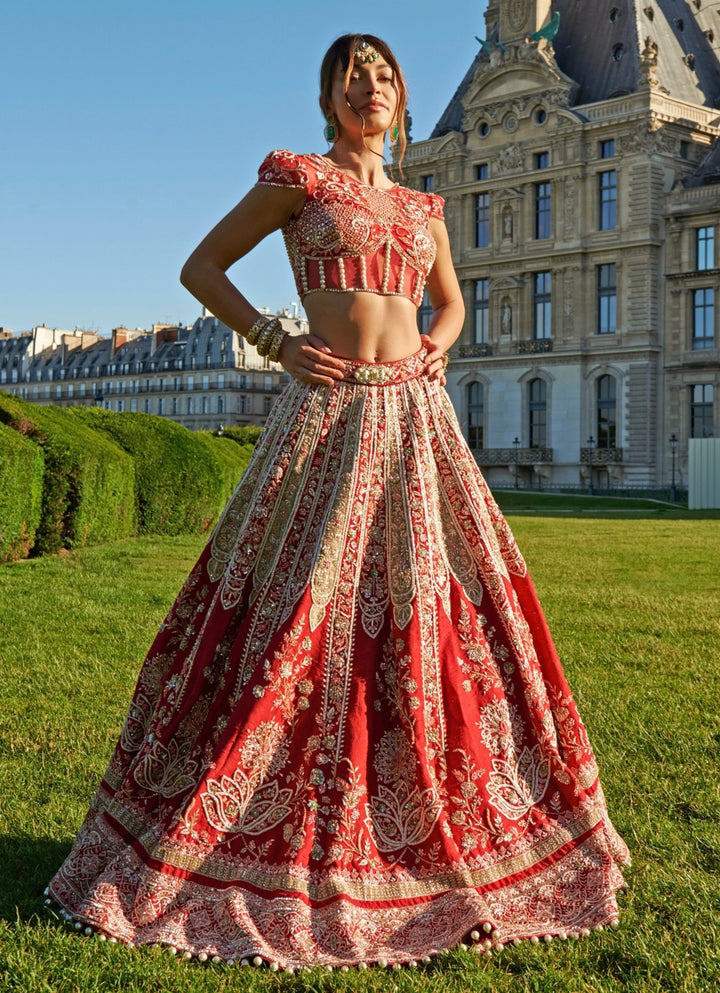 Red Embroidered Bridal Silk Lehenga Set Jigar and Nikita - Fabilicious Fashion