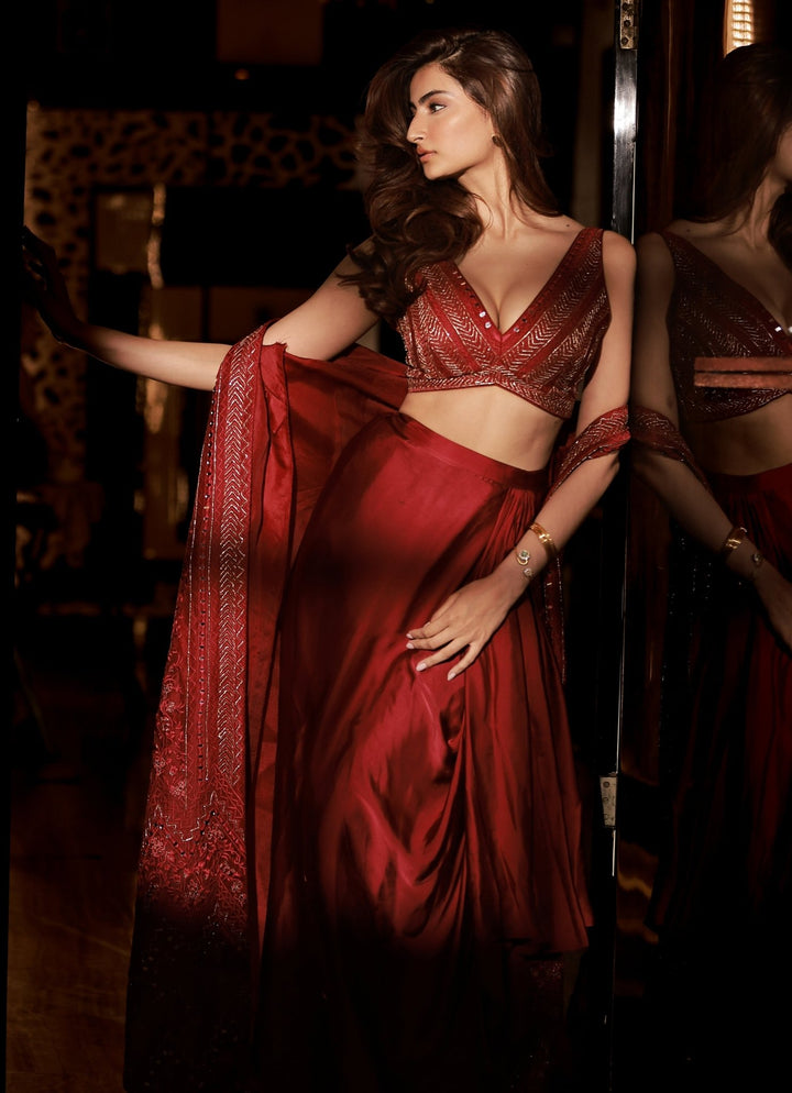 Red Embroidered Drape Skirt Set Chamee and Palak - Fabilicious Fashion