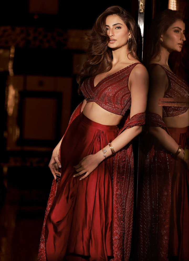 Red Embroidered Drape Skirt Set Chamee and Palak - Fabilicious Fashion