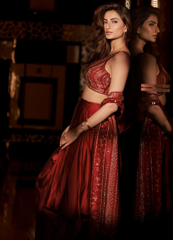 Red Embroidered Drape Skirt Set Chamee and Palak - Fabilicious Fashion