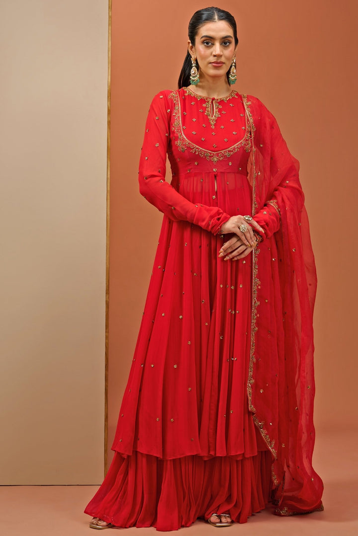 Red Embroidered Georgette Anarkali Sharara Set Esha Koul - Fabilicious Fashion