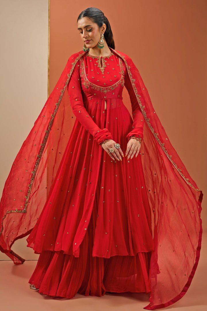 Red Embroidered Georgette Anarkali Sharara Set Esha Koul - Fabilicious Fashion