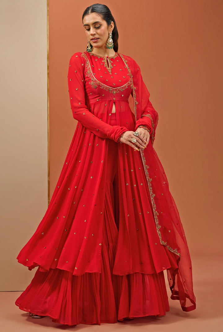 Red Embroidered Georgette Anarkali Sharara Set Esha Koul - Fabilicious Fashion