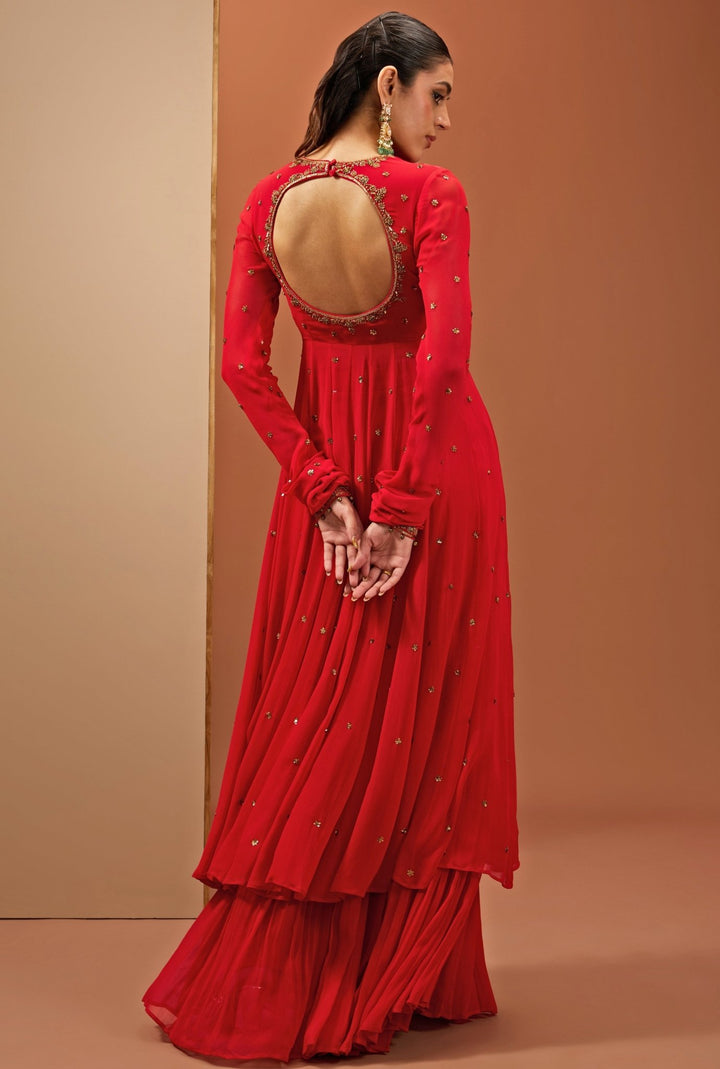 Red Embroidered Georgette Anarkali Sharara Set Esha Koul - Fabilicious Fashion