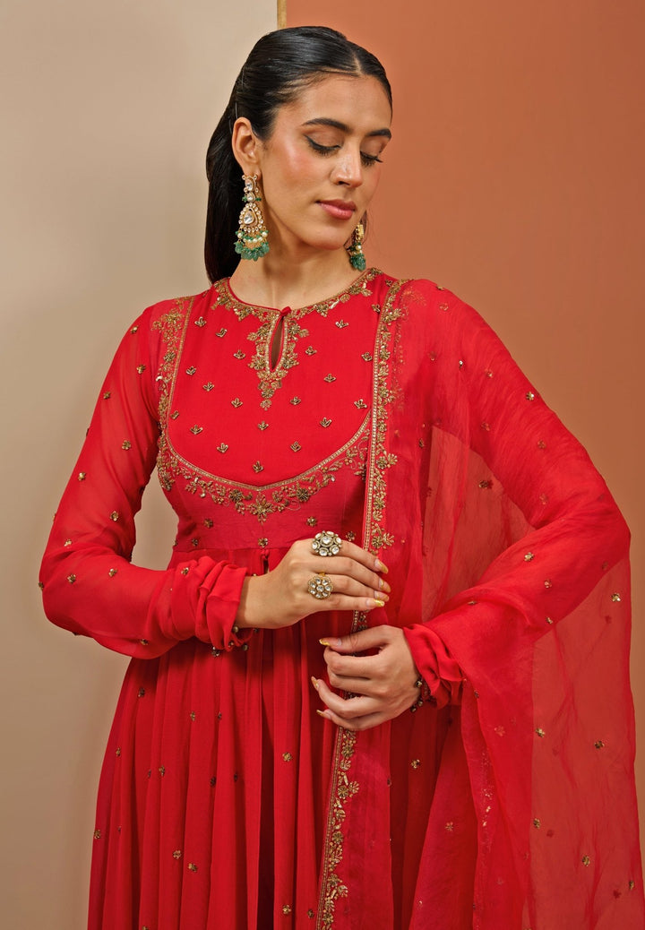 Red Embroidered Georgette Anarkali Sharara Set Esha Koul - Fabilicious Fashion