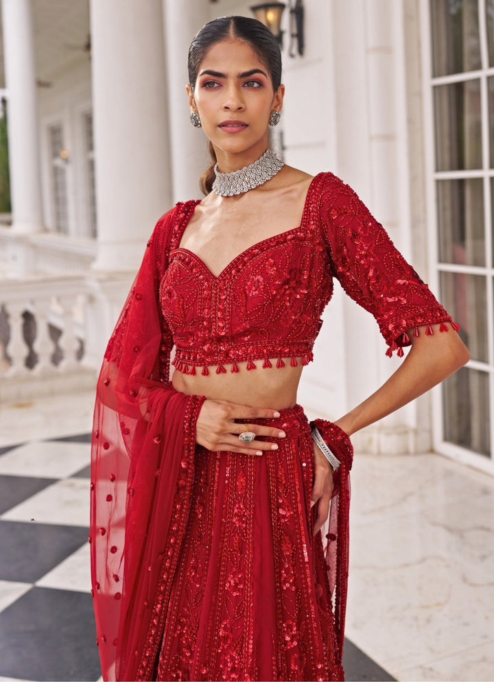 Red Embroidered Organza Lehenga Set Nidhika Shekar - Fabilicious Fashion