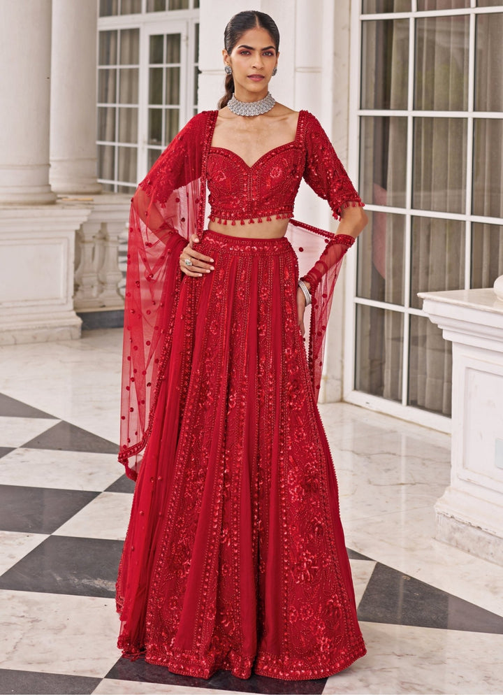 Red Embroidered Organza Lehenga Set Nidhika Shekar - Fabilicious Fashion