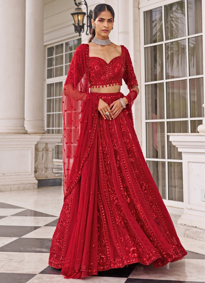 Red Embroidered Organza Lehenga Set Nidhika Shekar - Fabilicious Fashion