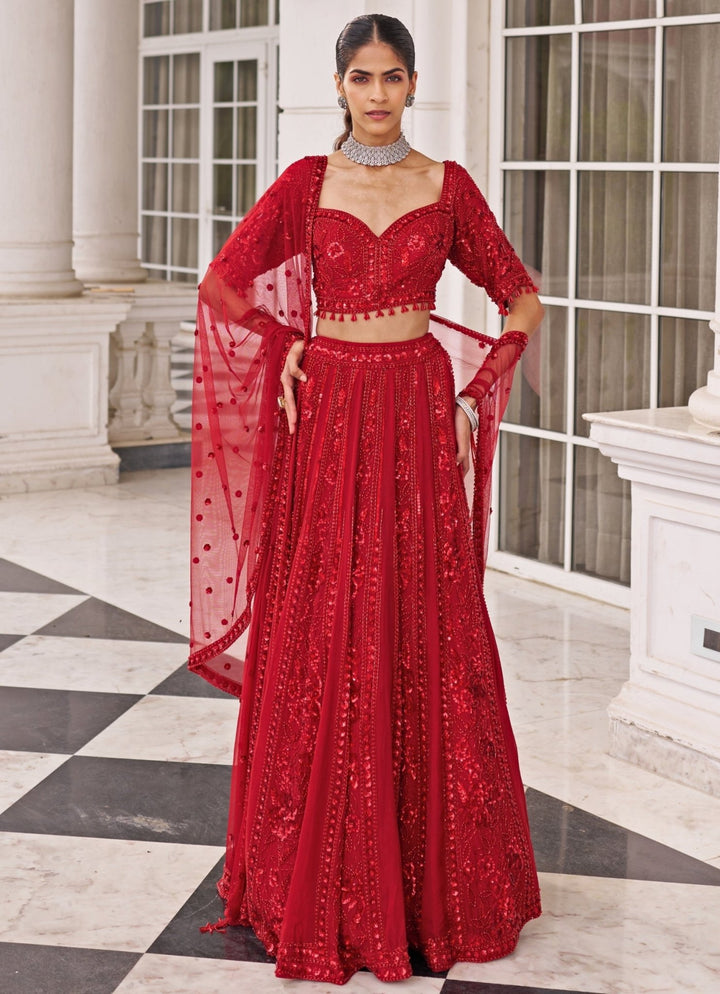 Red Embroidered Organza Lehenga Set Nidhika Shekar - Fabilicious Fashion