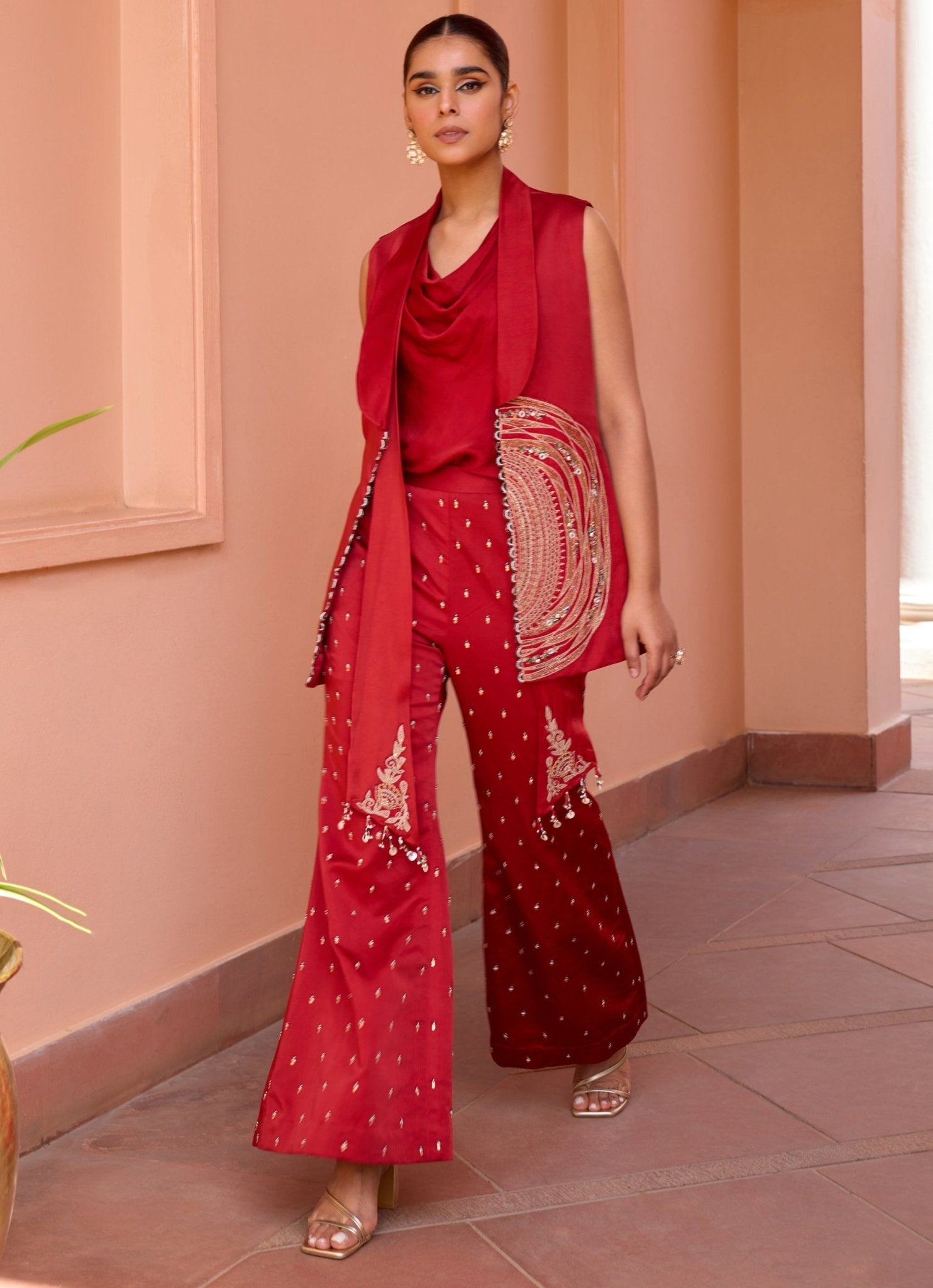 Red Embroidered Pants Set With Embellished Jacket - Isha Gupta