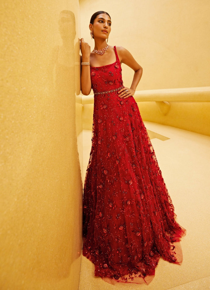 Red Floral Embroidered Gown Prevasu - Fabilicious Fashion