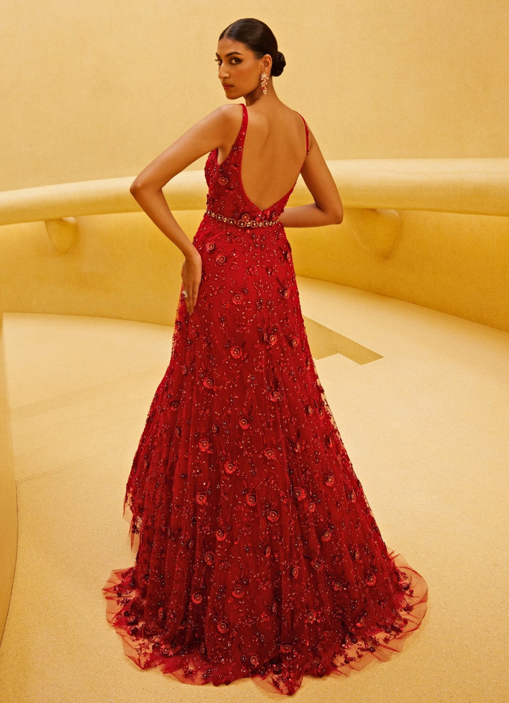 Red Floral Embroidered Gown Prevasu - Fabilicious Fashion