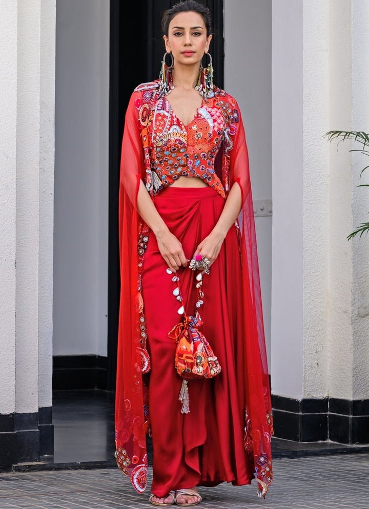 Red Printed Embroidered Potli - Add on Only Juhi Bengani - Fabilicious Fashion