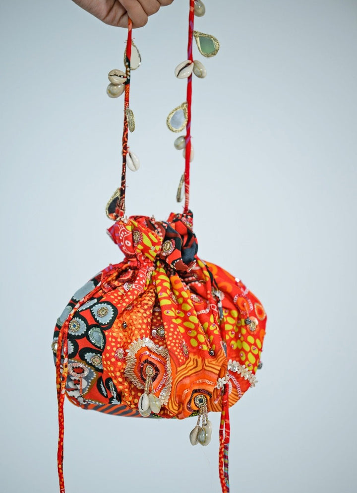 Red Printed Embroidered Potli - Add on Only Juhi Bengani - Fabilicious Fashion