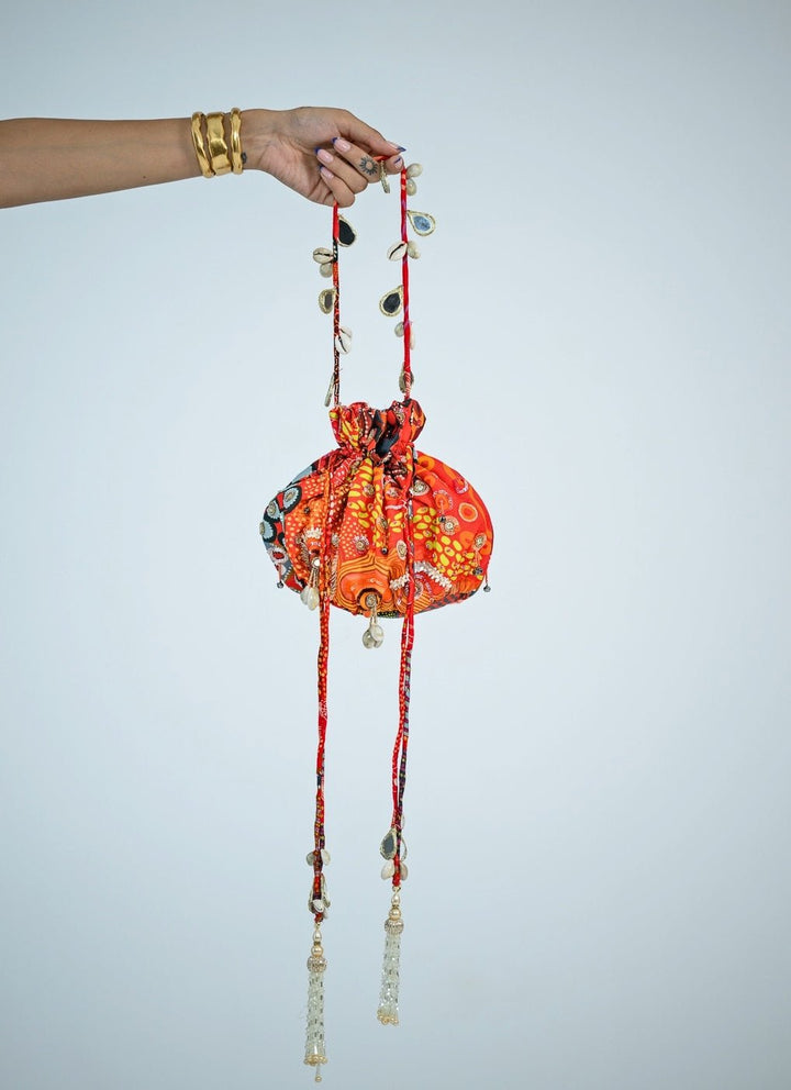 Red Printed Embroidered Potli - Add on Only Juhi Bengani - Fabilicious Fashion