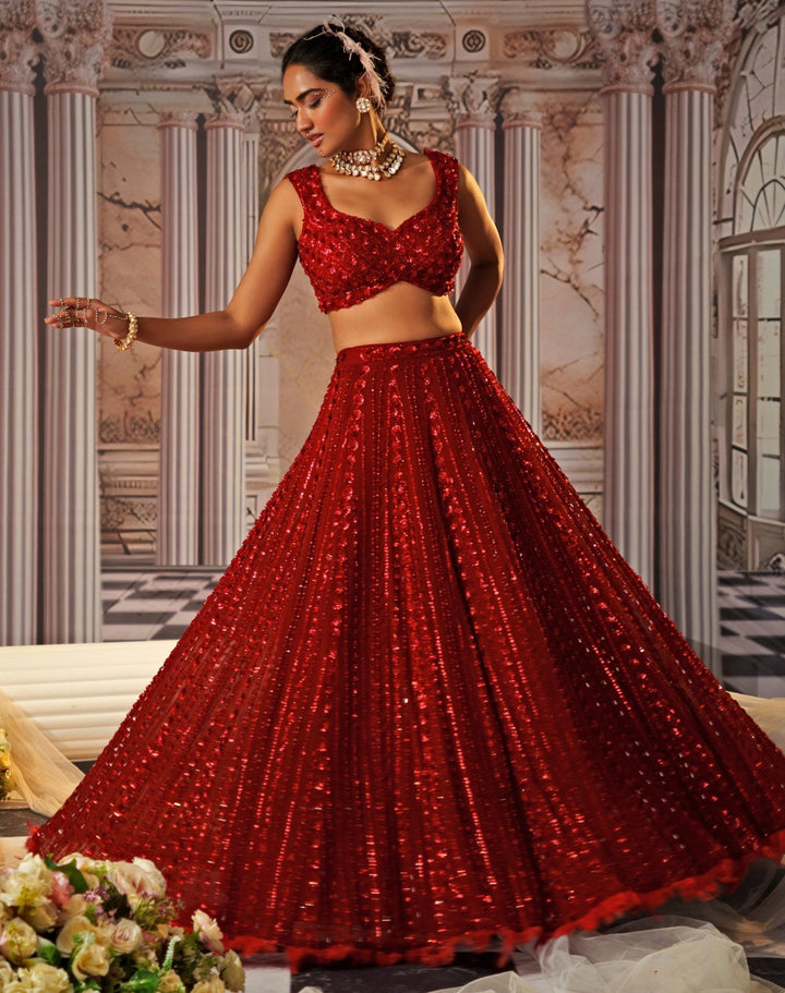 Red Sequin Embroidered Georgette Lehenga Nidhika Shekhar - Fabilicious Fashion
