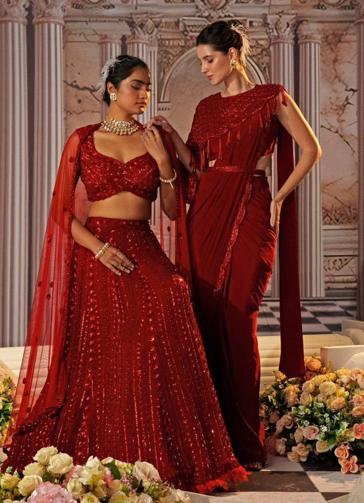 Red Sequin Embroidered Georgette Lehenga Nidhika Shekhar - Fabilicious Fashion