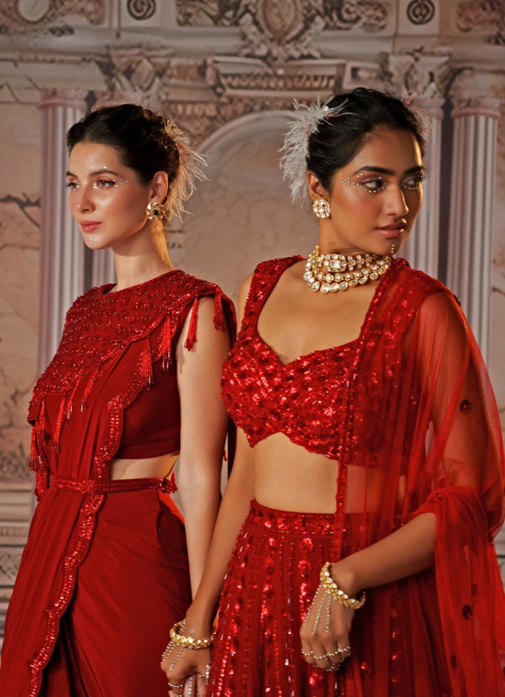 Red Sequin Embroidered Georgette Lehenga Nidhika Shekhar - Fabilicious Fashion