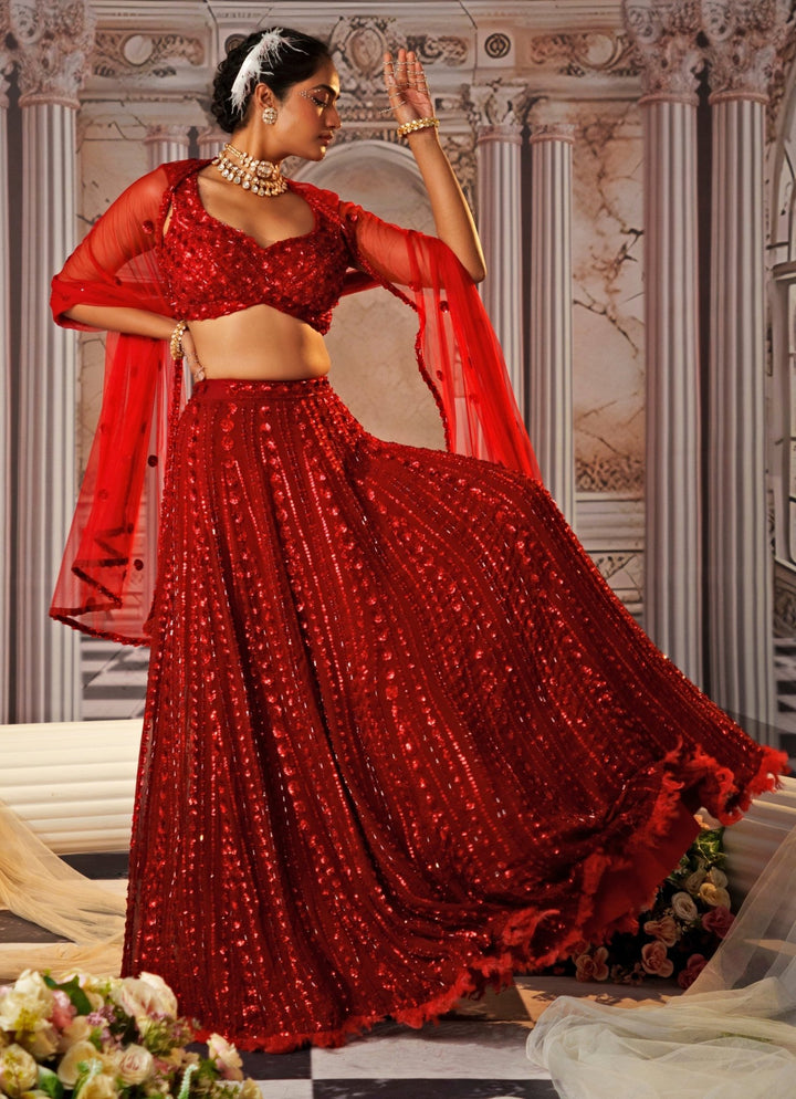 Red Sequin Embroidered Georgette Lehenga Nidhika Shekhar - Fabilicious Fashion