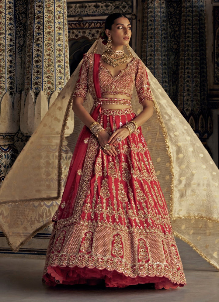 Red Silk Embroidered Bridal Lehenga Set Nitika Gujral - Fabilicious Fashion