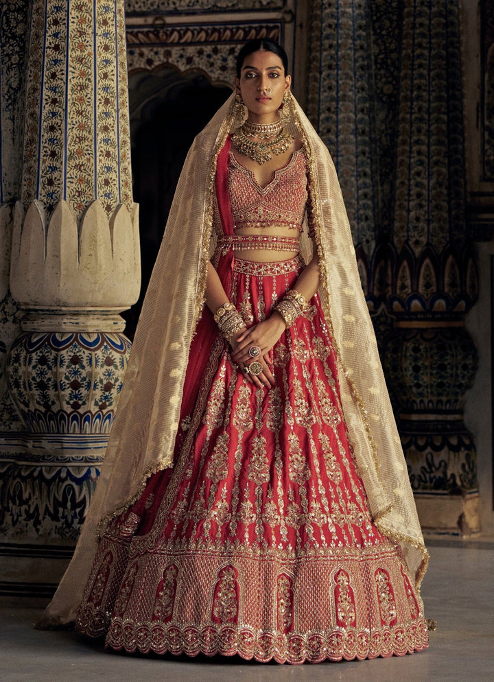 Red Silk Embroidered Bridal Lehenga Set Nitika Gujral - Fabilicious Fashion