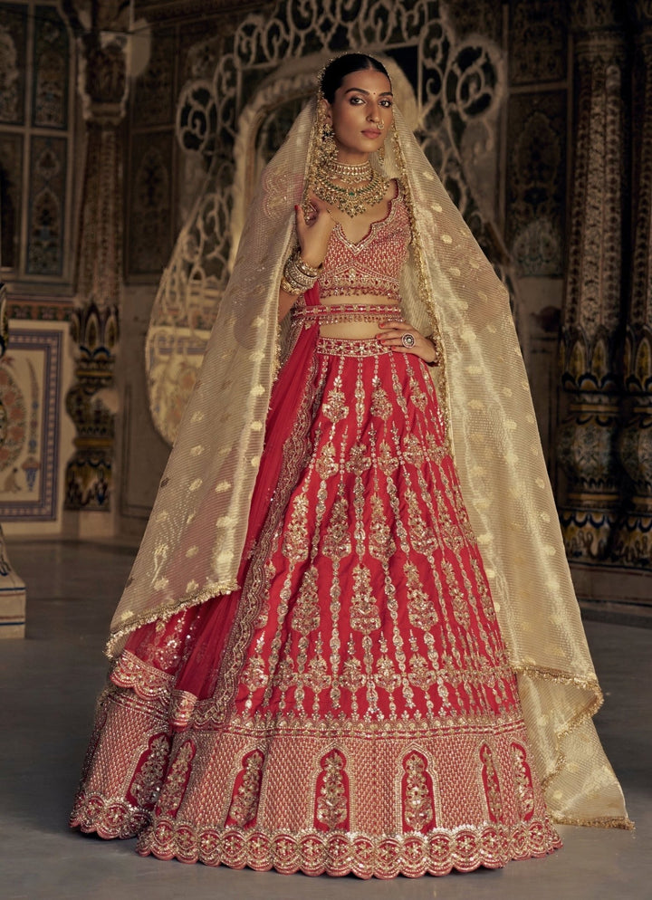 Red Silk Embroidered Bridal Lehenga Set Nitika Gujral - Fabilicious Fashion