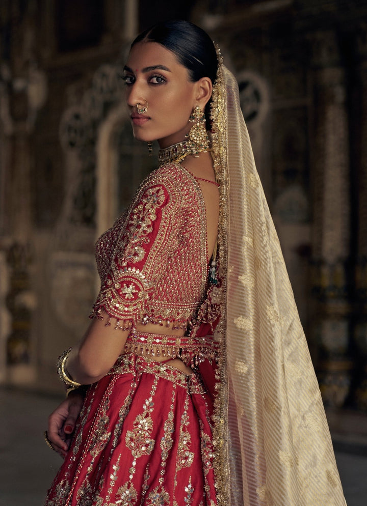 Red Silk Embroidered Bridal Lehenga Set Nitika Gujral - Fabilicious Fashion