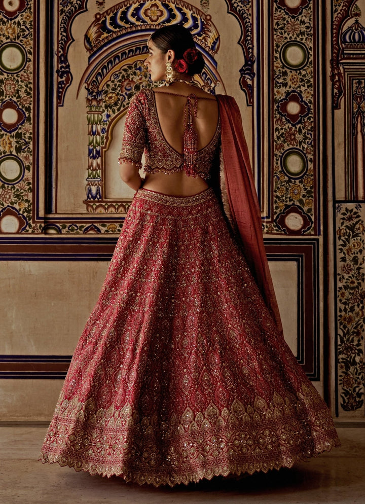 Red Silk Embroidered Bridal Lehenga Nitika Gujral - Fabilicious Fashion