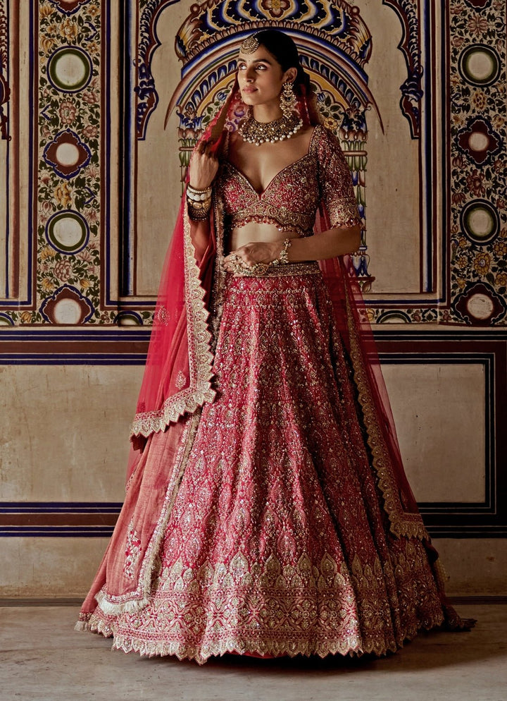 Red Silk Embroidered Bridal Lehenga Nitika Gujral - Fabilicious Fashion