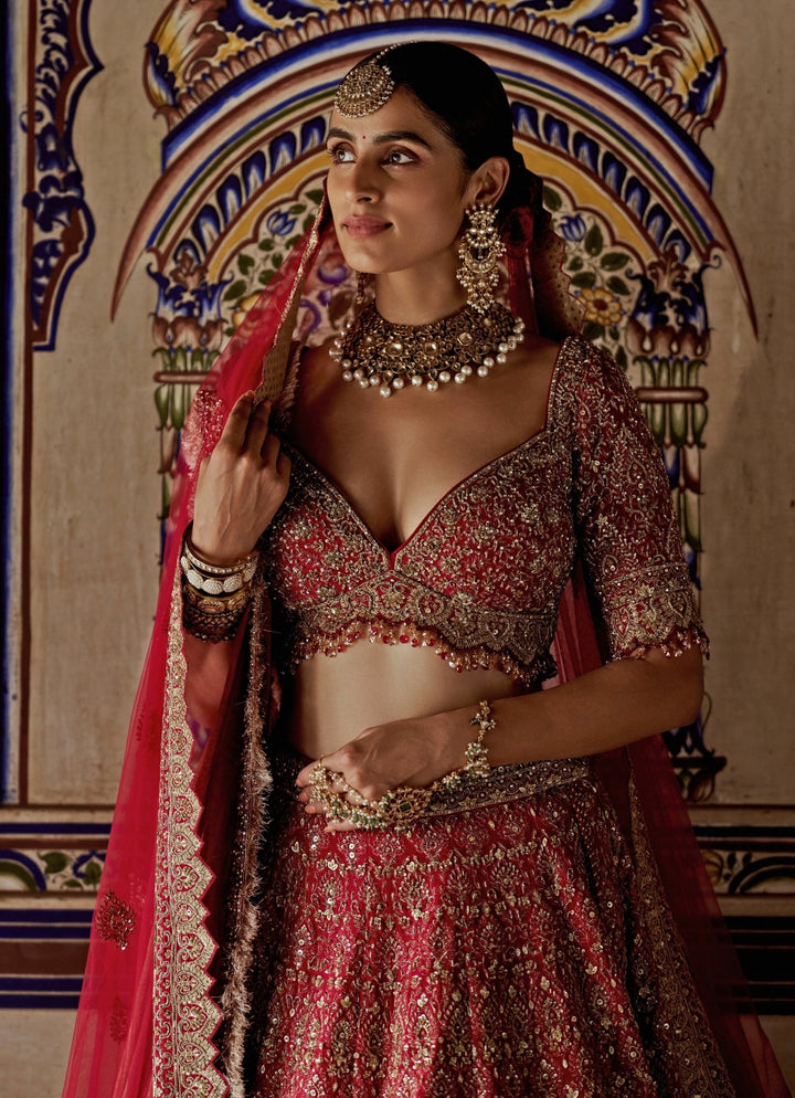 Red Silk Embroidered Bridal Lehenga Nitika Gujral - Fabilicious Fashion