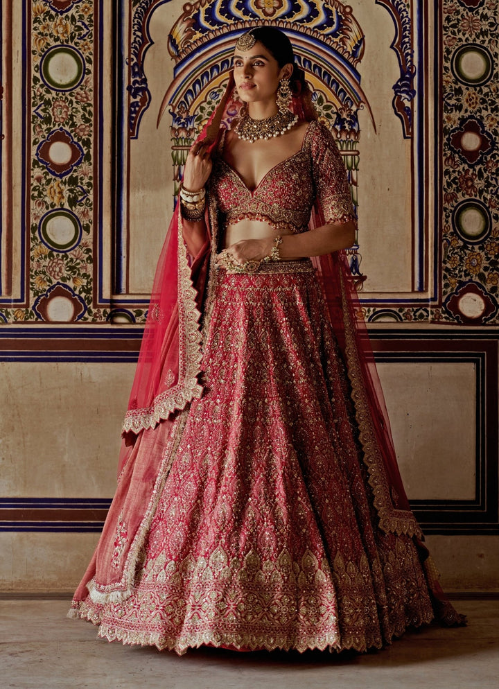 Red Silk Embroidered Bridal Lehenga Nitika Gujral - Fabilicious Fashion