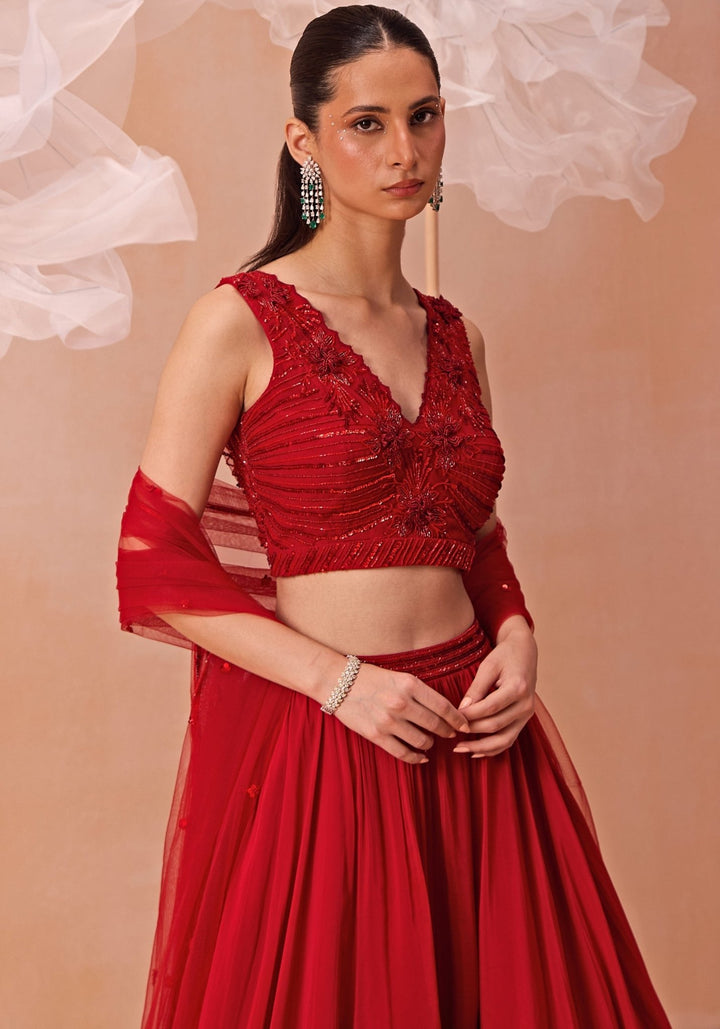 Red Silk Embroidered Lehenga Set Parul Gandhi - Fabilicious Fashion
