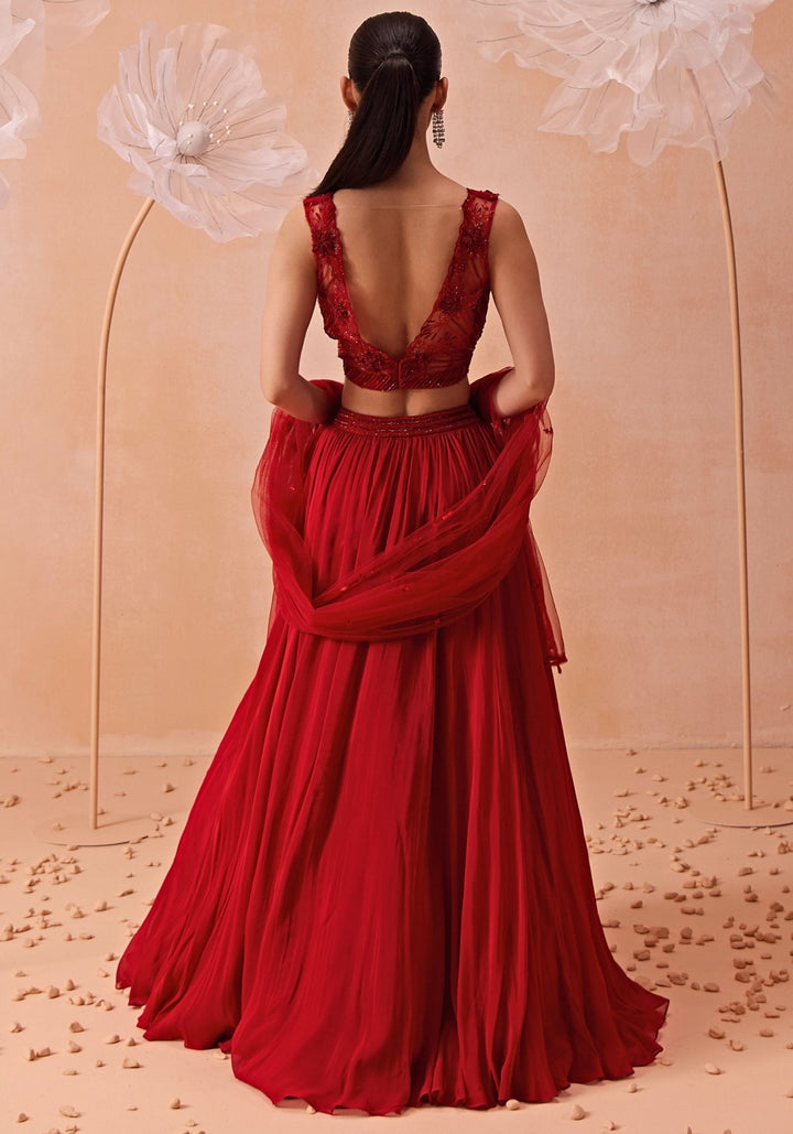 Red Silk Embroidered Lehenga Set Parul Gandhi - Fabilicious Fashion