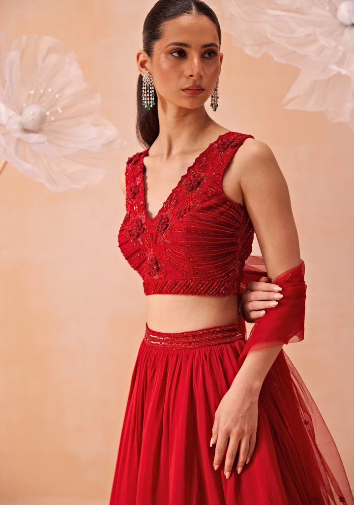 Red Silk Embroidered Lehenga Set Parul Gandhi - Fabilicious Fashion