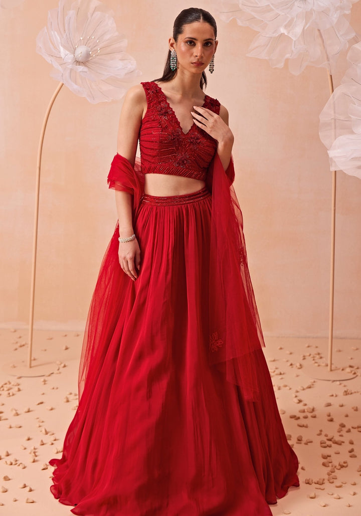 Red Silk Embroidered Lehenga Set Parul Gandhi - Fabilicious Fashion