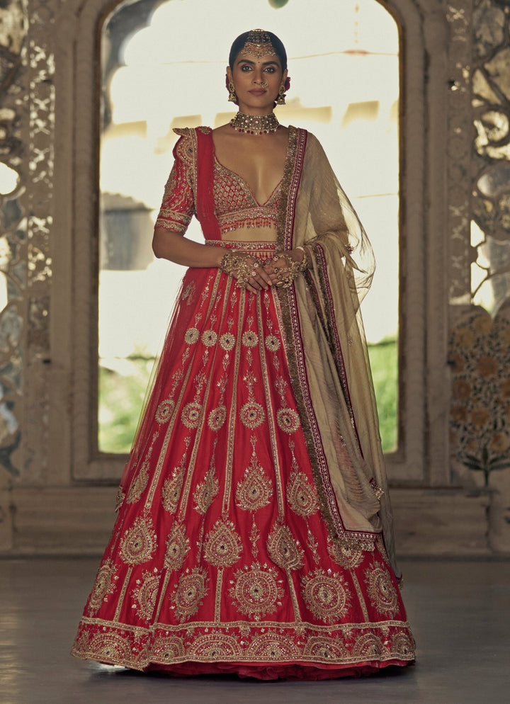 Red Silk Embroidered Lehenga Nitika Gujral - Fabilicious Fashion