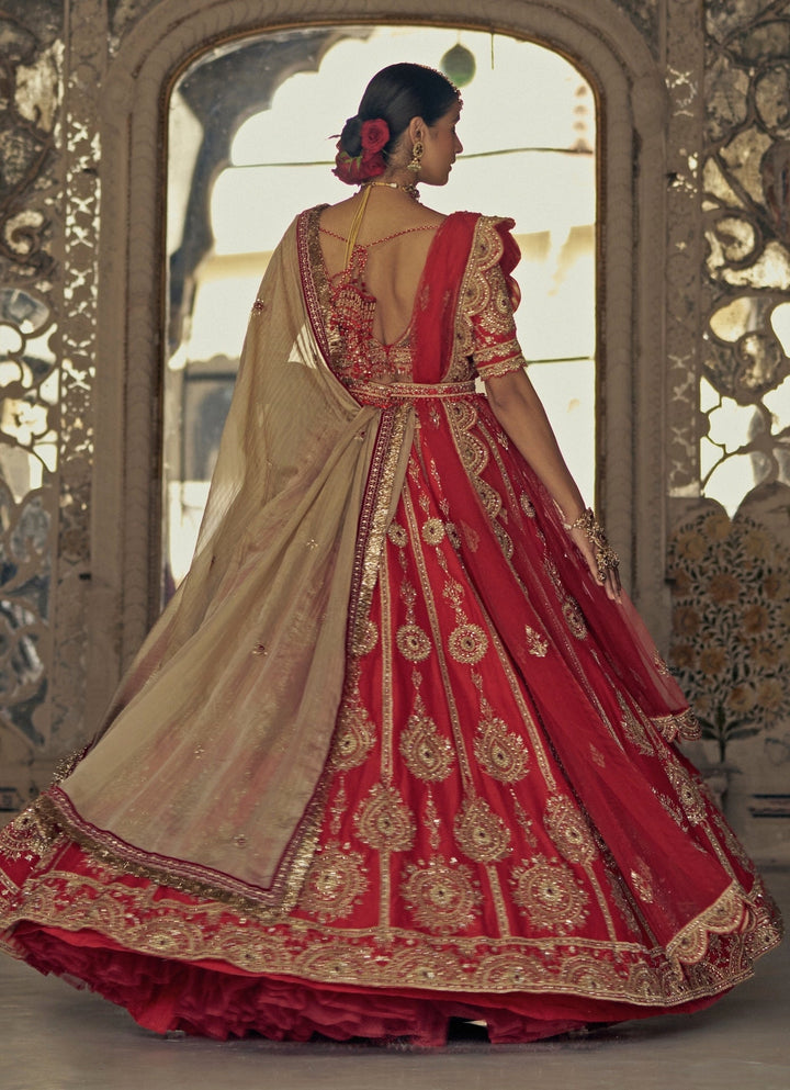 Red Silk Embroidered Lehenga Nitika Gujral - Fabilicious Fashion