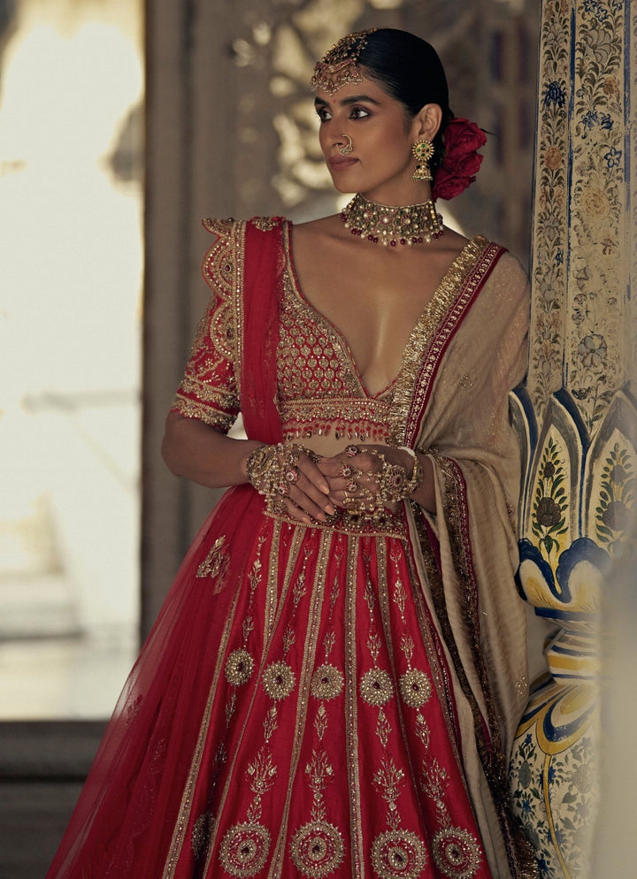 Red Silk Embroidered Lehenga Nitika Gujral - Fabilicious Fashion