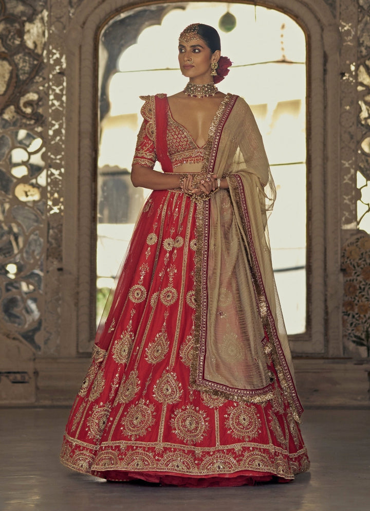Red Silk Embroidered Lehenga Nitika Gujral - Fabilicious Fashion