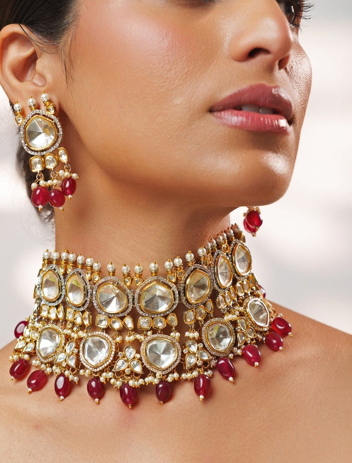 Red Stone Kundan Polki Gold Choker Set Zevar by Geeta - Fabilicious Fashion