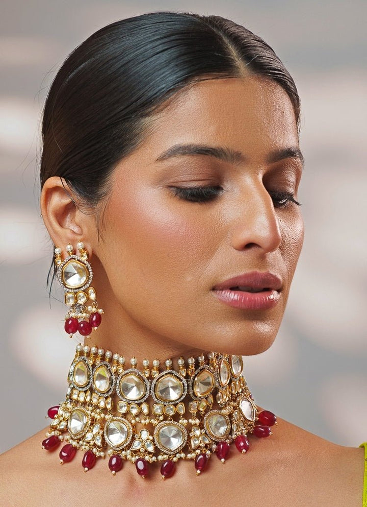 Red Stone Kundan Polki Gold Choker Set Zevar by Geeta - Fabilicious Fashion