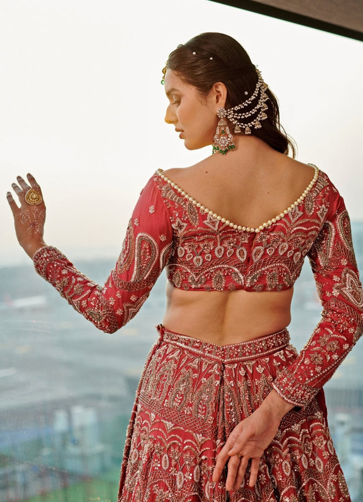Regal Red Antique Gold Embroidered Lehenga Set Jigar and Nikita - Fabilicious Fashion
