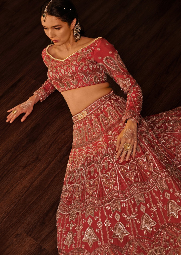 Regal Red Antique Gold Embroidered Lehenga Set Jigar and Nikita - Fabilicious Fashion
