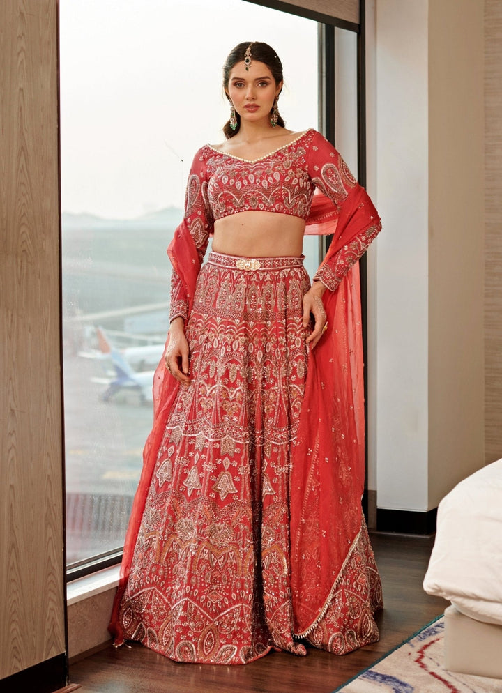 Regal Red Antique Gold Embroidered Lehenga Set Jigar and Nikita - Fabilicious Fashion